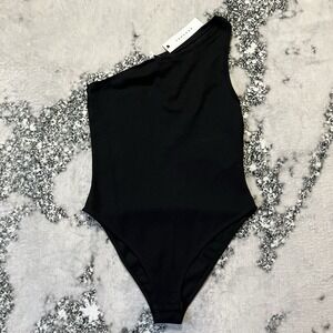 Topshop‎ Bodysuit Womens Size 4-6 Black Sleeveless Stretch One Shoulder Basic